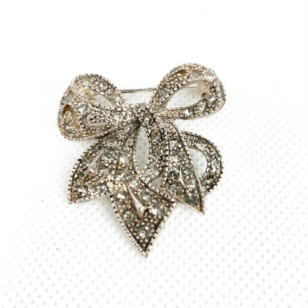 Vintage, Silvertone Bow with Rhinestones, Fashion Brooch with safety closure